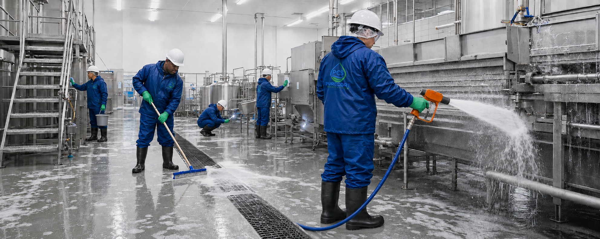 PureCore sanitation crew in full PPE performing wet cleaning and foam sanitation inside a stainless-steel food-processing production area.