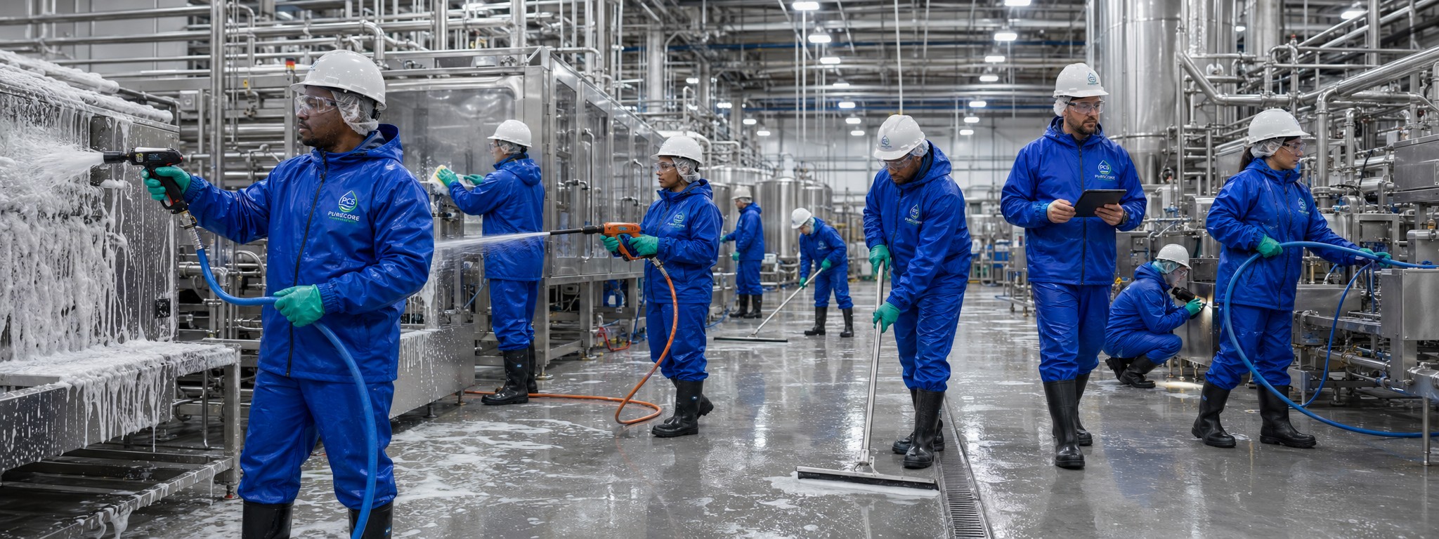 Wide view of a PureCore crew sanitizing a large, gleaming food-processing plant.