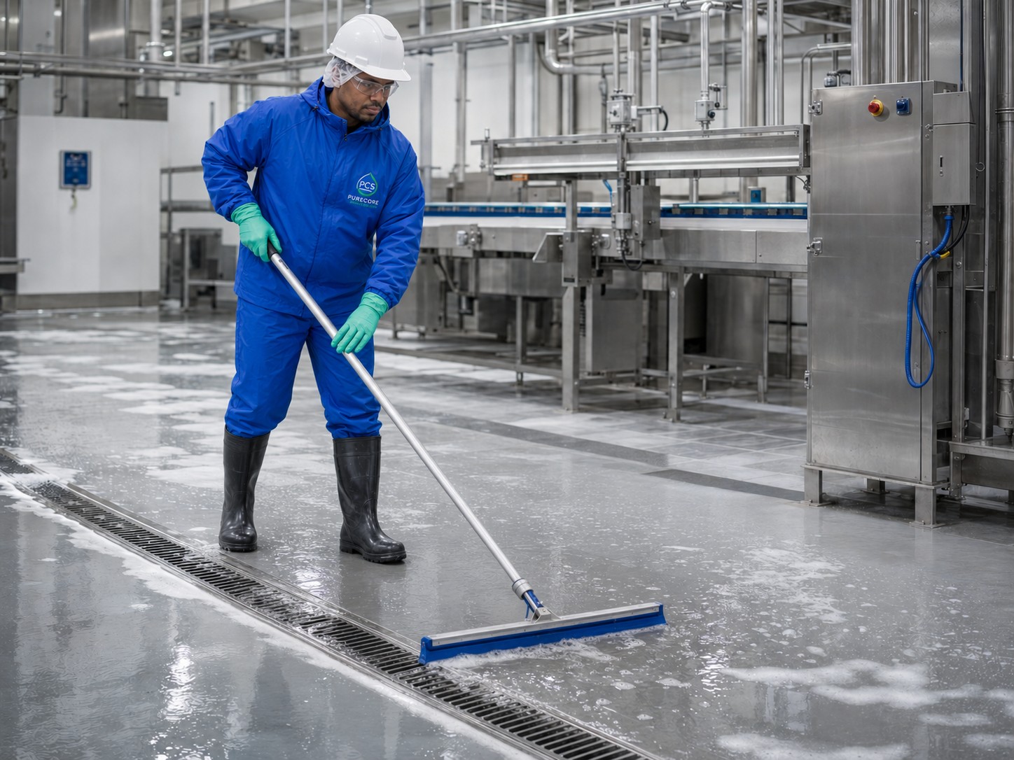 Worker cleaning a wet food-processing floor beside a stainless drain.