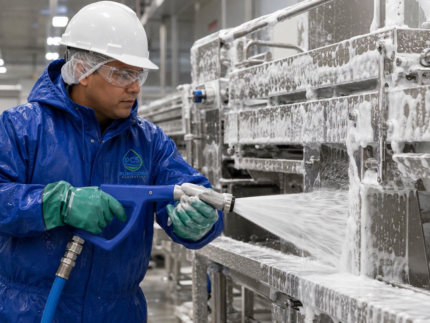 Technician applying sanitation foam to processing equipment with a foam gun.