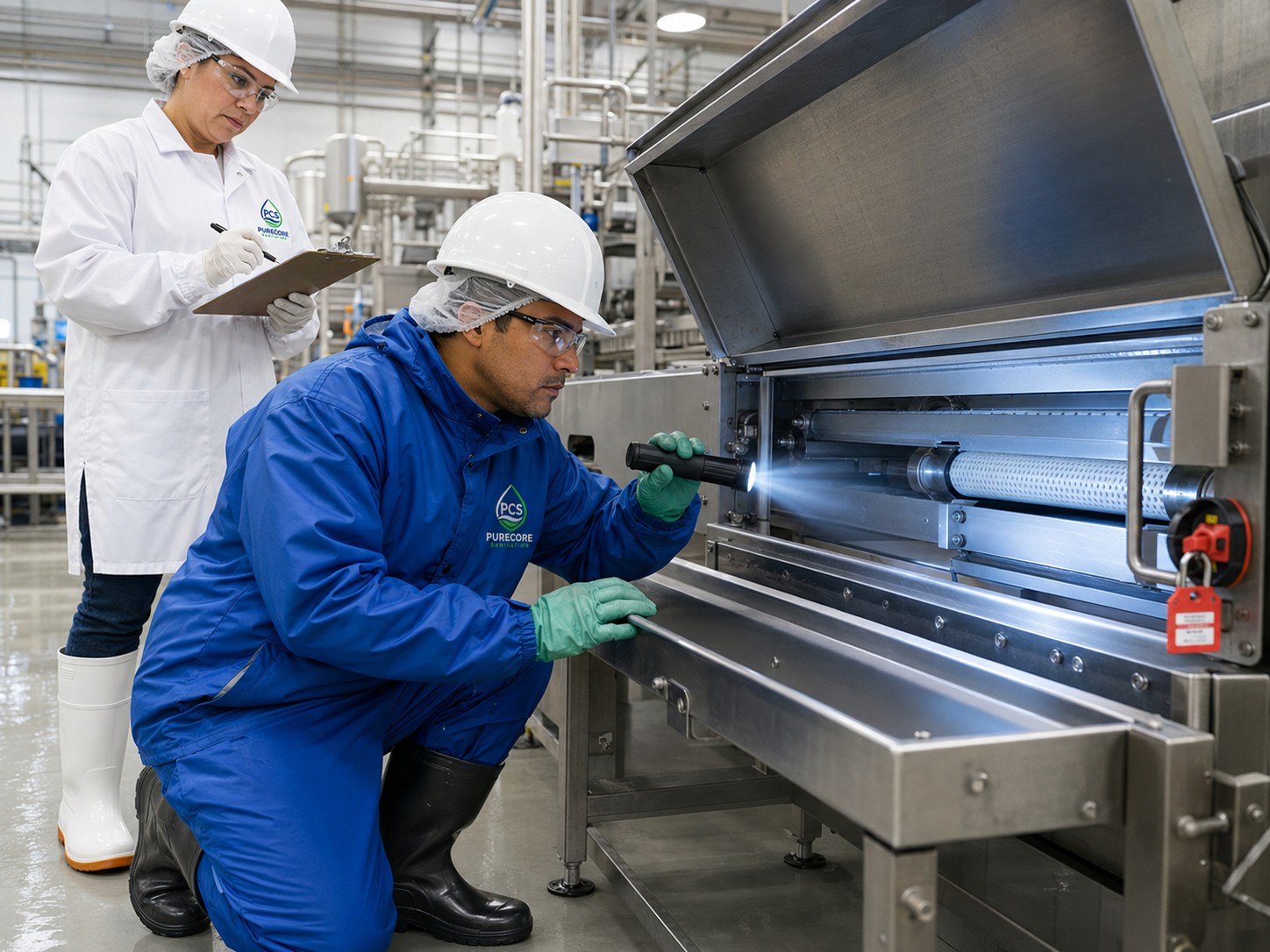 Gloved hands performing a pre-operational inspection and logging results at the line.