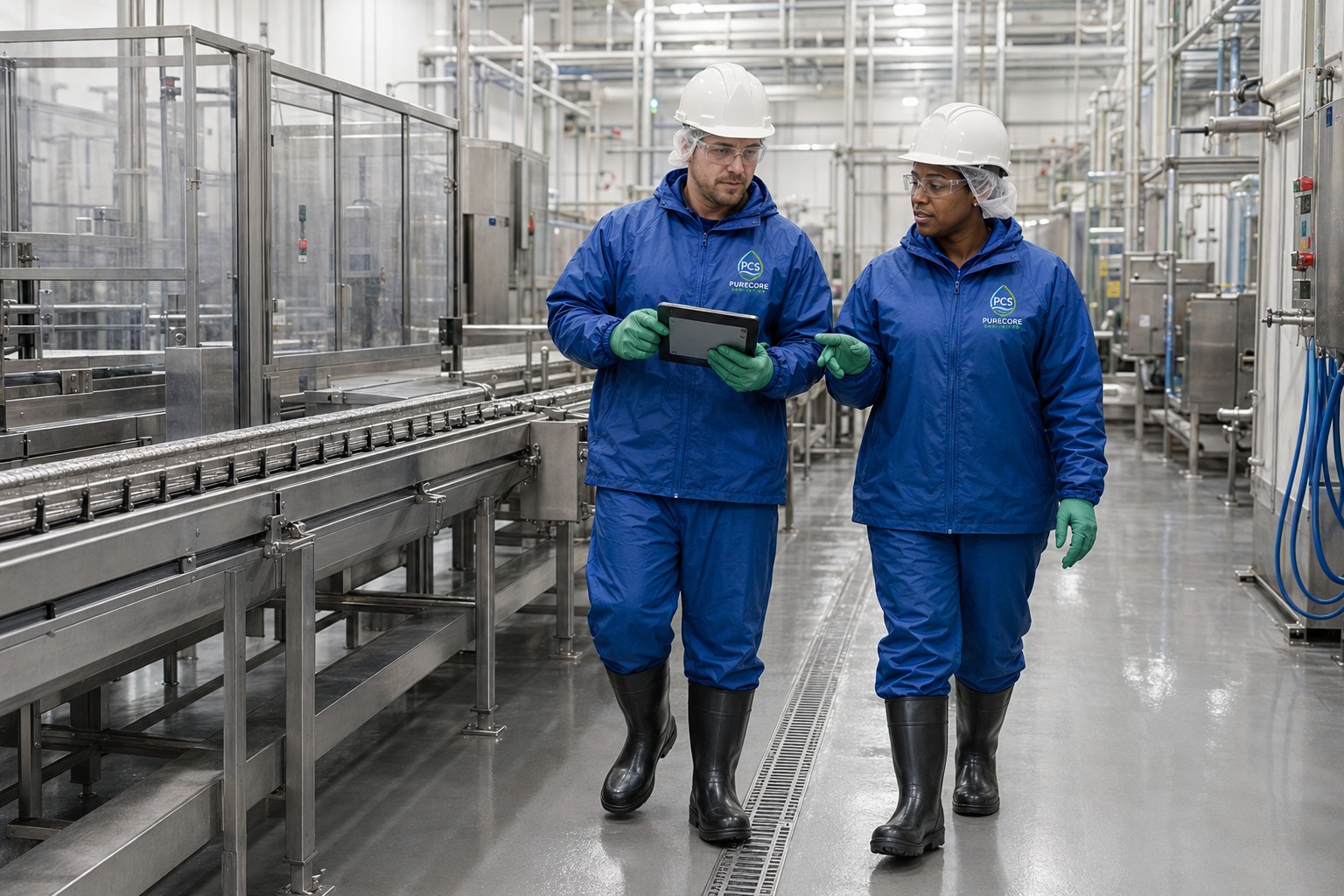 A PureCore shift supervisor and crew member in full PPE reviewing sanitation work on a stainless-steel production line.